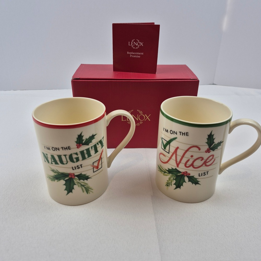 Lenox Holiday Naughty & Nice Mug Set of 2 NIB 14oz Christmas Holly 2015 Gift Box